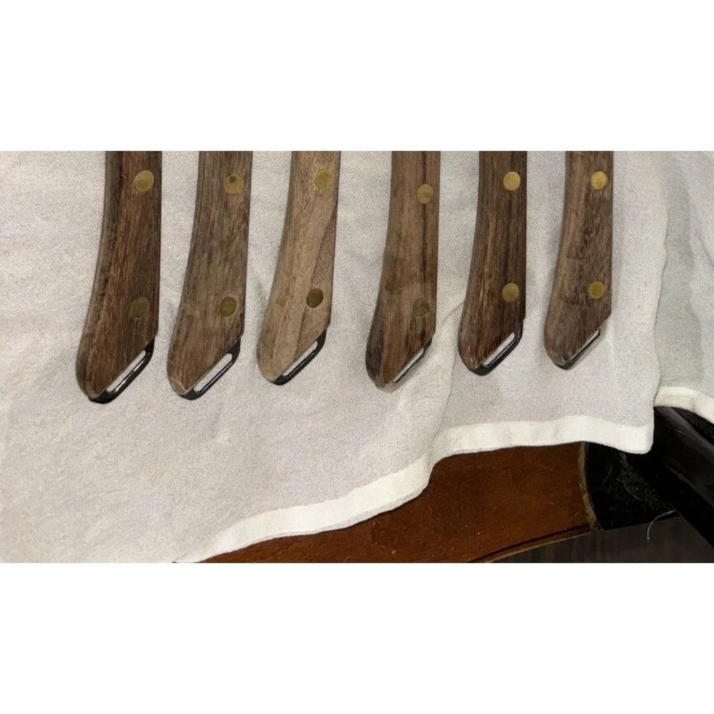 Vtg 6‎ Serrated Steak Knives Stainless Steel Wood Handle With End Loop Japan